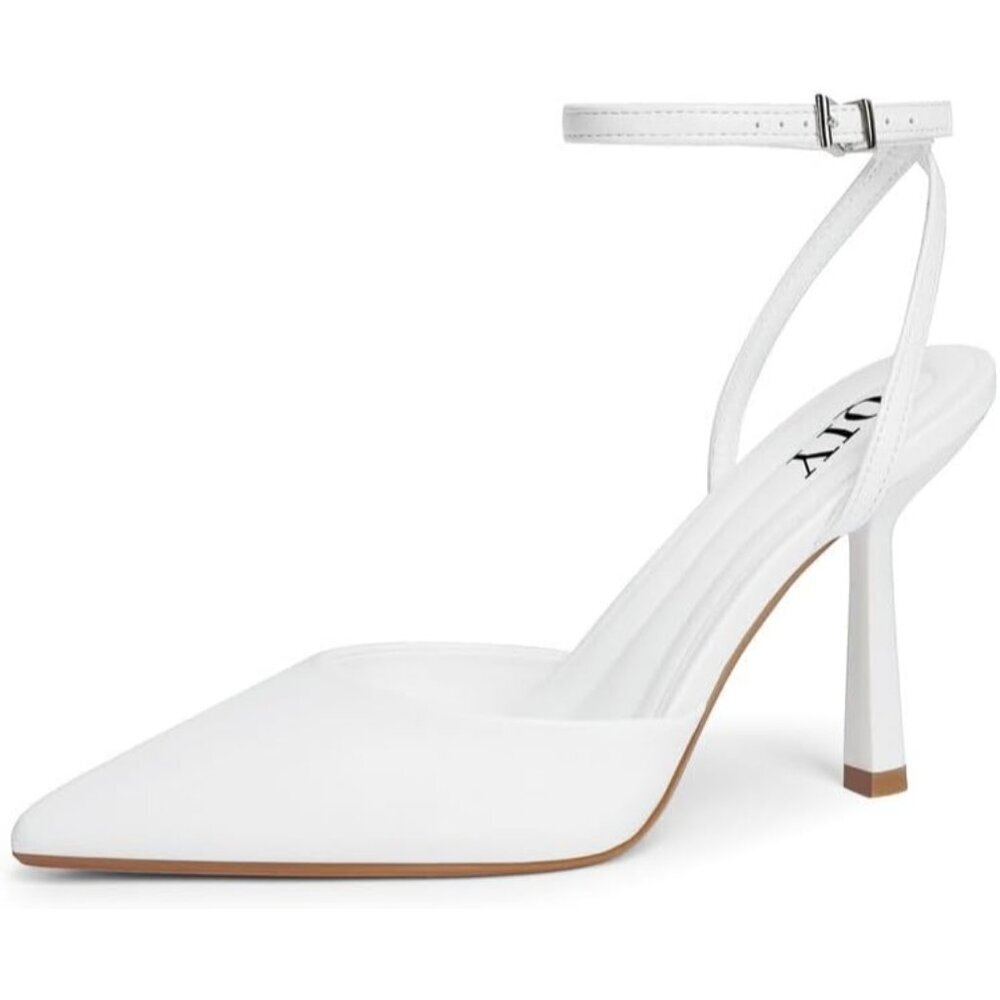 〽️Women White Pu Lace Close Toe Ankle Strap Heel Pointed Toe Wedding Shoes